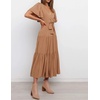 image:imageRVivimos Womens Summer Casual Short Sleeves V Neck Belted Flowy Midi DressBrownshortsleeve