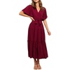 image:imageRVivimos Womens Summer Casual Short Sleeves V Neck Belted Flowy Midi DressBurgundyshortsleeve