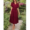 image:imageRVivimos Womens Summer Casual Short Sleeves V Neck Belted Flowy Midi DressBurgundyshortsleeve