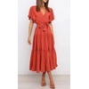 image:imageRVivimos Womens Summer Casual Short Sleeves V Neck Belted Flowy Midi DressOrangeshortsleeve