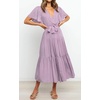 image:imageRVivimos Womens Summer Casual Short Sleeves V Neck Belted Flowy Midi DressPurpleshortsleeve