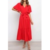image:imageRVivimos Womens Summer Casual Short Sleeves V Neck Belted Flowy Midi DressRedshortsleeve