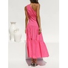 image:imageRVivimos Womens Summer Cotton Boho One Shoulder Knot Sleeveless Ruffle ALine Flowy Midi DressHotpink