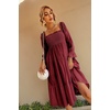 image:imageRVivimos Womens Summer Cotton Plaid Puff Sleeves Bow Casual OffShoulder Boho Midi DressBurgundy