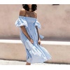 image:imageRVivimos Womens Summer Cotton Plaid Puff Sleeves Bow Casual OffShoulder Boho Midi DressPlaidblue