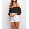 image:imageRVivimos Womens Summer Cotton Short Sleeves Off The Shoulder Crop Tops Ruffle Slim BlousesBlack