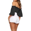 image:imageRVivimos Womens Summer Cotton Short Sleeves Off The Shoulder Crop Tops Ruffle Slim BlousesBlack