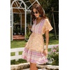 image:imageRVivimos Womens Summer Cotton Short Sleeves VNeck Button Up Floral Print Boho Swing Mini DressPurpleyellow