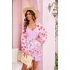 image:imageRVivimos Womens Summer Long Sleeve Boho Dress V Neck Floral Print Layered Ruffle Patchwork Casual Mini Sun Dress with BeltPink