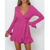 image:imageRVivimos Womens Winter Long Sleeve V Neck Ruffles Sweater Dresses Mini DressesHotpink