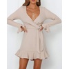 image:imageRVivimos Womens Winter Long Sleeve V Neck Ruffles Sweater Dresses Mini DressesKhaki