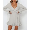 image:imageRVivimos Womens Winter Long Sleeve V Neck Ruffles Sweater Dresses Mini DressesLightgrey