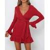 image:imageRVivimos Womens Winter Long Sleeve V Neck Ruffles Sweater Dresses Mini DressesRed