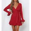image:imageRVivimos Womens Winter Long Sleeve V Neck Ruffles Sweater Dresses Mini DressesRed
