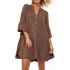 image:imageRVivimos Cotton Dresses for Women Summer V Neck 34 Flare Sleeve Button Front Casual Loose Tiered Mini DressBrown
