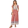 image:imageRVivimos One Piece Jumpsuits for Women Summer Boho Floral Print Short Sleeve V Neck Drawstring Waist Wide Leg Long RompersAurorared
