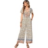 image:imageRVivimos One Piece Jumpsuits for Women Summer Boho Floral Print Short Sleeve V Neck Drawstring Waist Wide Leg Long RompersBeige
