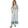 image:imageRVivimos One Piece Jumpsuits for Women Summer Boho Floral Print Short Sleeve V Neck Drawstring Waist Wide Leg Long RompersBlue Turquoise