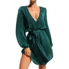 image:imageRVivimos Shirt Dresses for Women Balloon Long Sleeve Deep V Neck Casual Button Up Irregular Hem Mini Dress with BeltDarkgreen