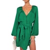 image:imageRVivimos Shirt Dresses for Women Balloon Long Sleeve Deep V Neck Casual Button Up Irregular Hem Mini Dress with BeltGreen