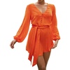 image:imageRVivimos Shirt Dresses for Women Balloon Long Sleeve Deep V Neck Casual Button Up Irregular Hem Mini Dress with BeltOrange