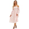 image:imageRVivimos Summer Dress for Women Long Sleeve Casual Plaid Print Smocked Off Shoulder ALine Midi DressPinkfloral