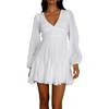 image:imageRVivimos Womens Casual Mini Dress Balloon Long Sleeve Deep V Neck Open Back ALine Swing Short DressWhite