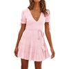 image:imageRVivimos Womens Cotton Summer Short Sleeves V Neck Tie Waist Casual Layered Ruffles Mini Swing DressesPinkshortsleeve