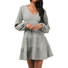 image:imageRVivimos Womens Fall Dresses Lantern Sleeve V Neck Stretchy Ribbed Knit ALine Tiered Mini Skater DressGrey