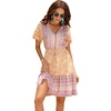 image:imageRVivimos Womens Summer Cotton Short Sleeves VNeck Button Up Floral Print Boho Swing Mini DressPurpleyellow