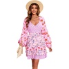 image:imageRVivimos Womens Summer Long Sleeve Boho Dress V Neck Floral Print Layered Ruffle Patchwork Casual Mini Sun Dress with BeltPink