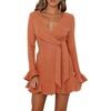image:imageRVivimos Womens Winter Long Sleeve V Neck Ruffles Sweater Dresses Mini DressesOrange