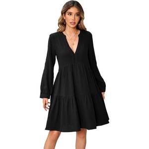image:imageRVivimos Cotton Casual Dresses for Women Long Sleeve V Neck Tiered Flowy Mini Tunic DressBlack