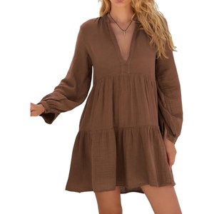 image:imageRVivimos Cotton Casual Dresses for Women Long Sleeve V Neck Tiered Flowy Mini Tunic DressBrown