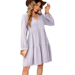 image:imageRVivimos Cotton Casual Dresses for Women Long Sleeve V Neck Tiered Flowy Mini Tunic DressLight Purple