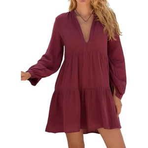 image:imageRVivimos Cotton Casual Dresses for Women Long Sleeve V Neck Tiered Flowy Mini Tunic DressWine Red