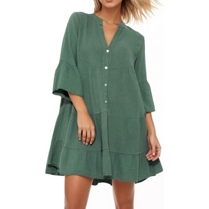 image:imageRVivimos Cotton Dresses for Women Summer V Neck 34 Flare Sleeve Button Front Casual Loose Tiered Mini DressArmygreen