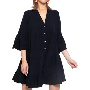 image:imageRVivimos Cotton Dresses for Women Summer V Neck 34 Flare Sleeve Button Front Casual Loose Tiered Mini DressBlack
