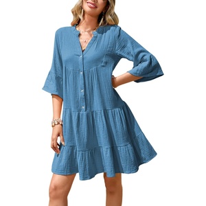 image:imageRVivimos Cotton Dresses for Women Summer V Neck 34 Flare Sleeve Button Front Casual Loose Tiered Mini DressBlue