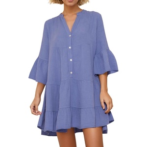 image:imageRVivimos Cotton Dresses for Women Summer V Neck 34 Flare Sleeve Button Front Casual Loose Tiered Mini DressBlue Violet