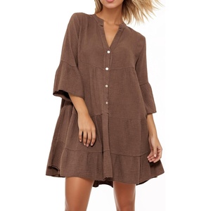 image:imageRVivimos Cotton Dresses for Women Summer V Neck 34 Flare Sleeve Button Front Casual Loose Tiered Mini DressBrown