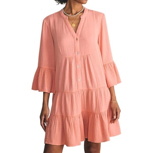 image:imageRVivimos Cotton Dresses for Women Summer V Neck 34 Flare Sleeve Button Front Casual Loose Tiered Mini DressCoralpink