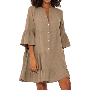image:imageRVivimos Cotton Dresses for Women Summer V Neck 34 Flare Sleeve Button Front Casual Loose Tiered Mini DressKhaki