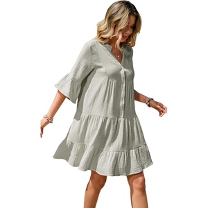 image:imageRVivimos Cotton Dresses for Women Summer V Neck 34 Flare Sleeve Button Front Casual Loose Tiered Mini DressLightgray