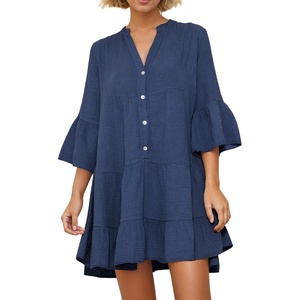 image:imageRVivimos Cotton Dresses for Women Summer V Neck 34 Flare Sleeve Button Front Casual Loose Tiered Mini DressNavyblue
