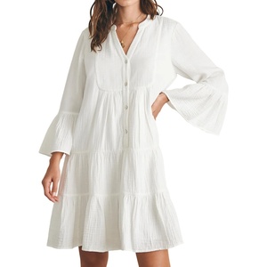 image:imageRVivimos Cotton Dresses for Women Summer V Neck 34 Flare Sleeve Button Front Casual Loose Tiered Mini DressWhite