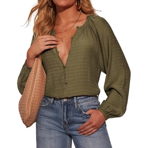image:imageRVivimos Fall Summer Tops for Women Long Sleeve Button Up Henley V Neck Casual Loose Dressy BlousesArmy Green