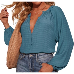 image:imageRVivimos Fall Summer Tops for Women Long Sleeve Button Up Henley V Neck Casual Loose Dressy BlousesBlue