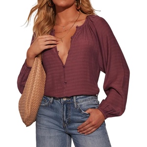 image:imageRVivimos Fall Summer Tops for Women Long Sleeve Button Up Henley V Neck Casual Loose Dressy BlousesPlum