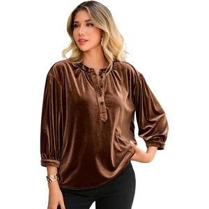 image:imageRVivimos Fall Tops for Women 2026 Velvet 34 Sleeve Henley Button Up Loose Casual Blouses ShirtsBrown